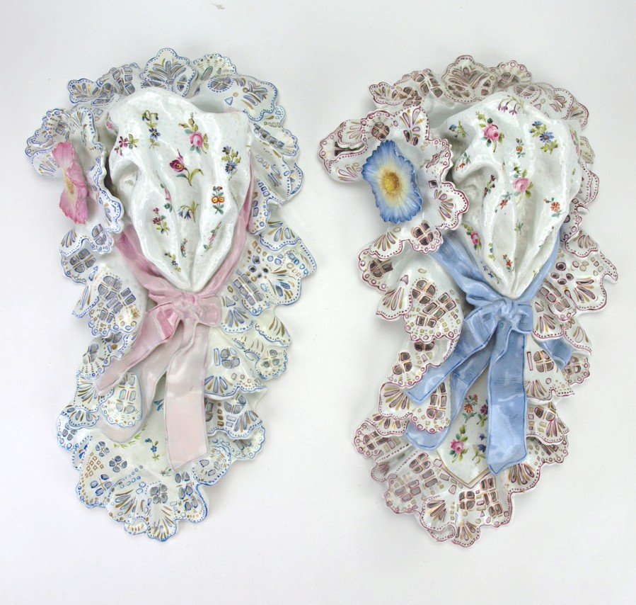 Unusual pair of French "frilly" bonnet wall pockets, c.: Unusual pair of French "frilly" bonnet wall pockets, c. 880, 17 1/2", various repairs and restorations