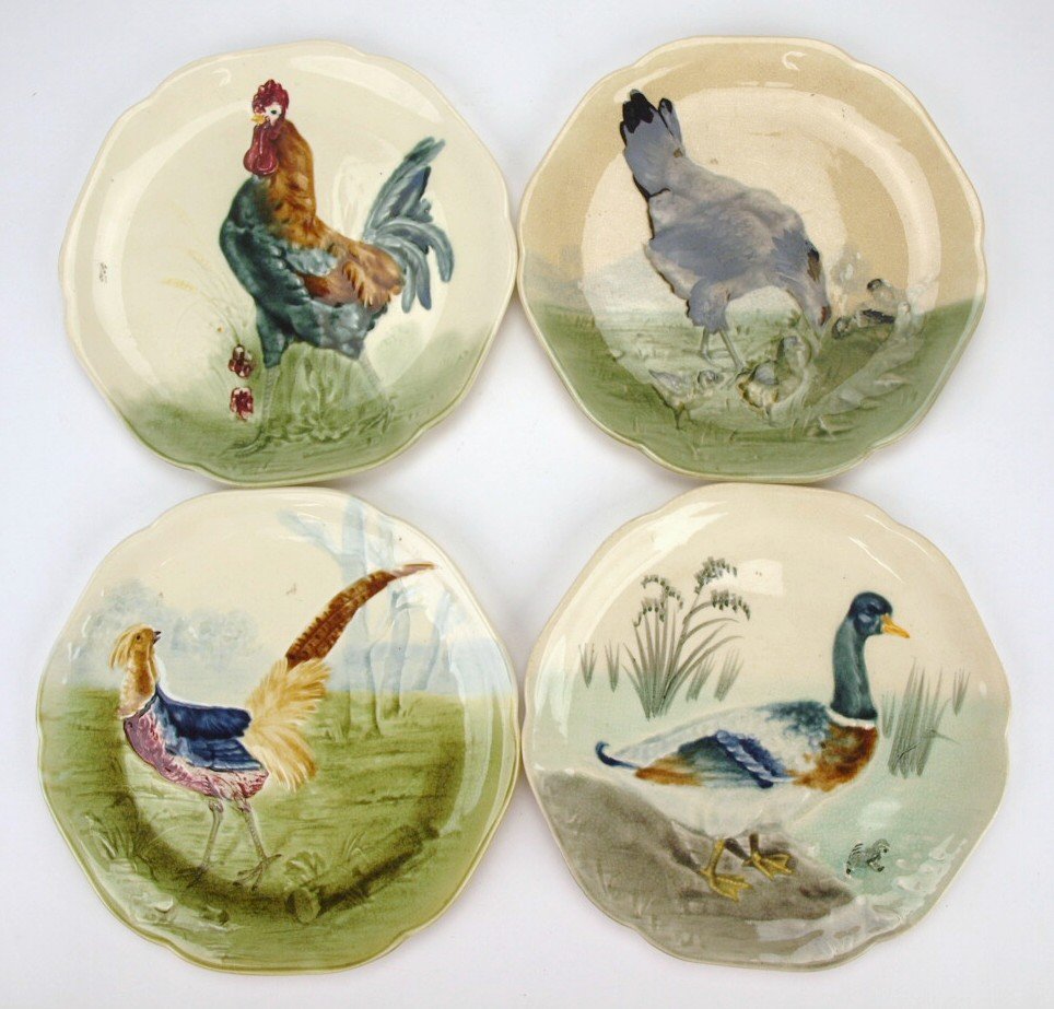 Choisy-Le-Roi set of 4 "fowl" plates - rooster, hen, (1 of 1)