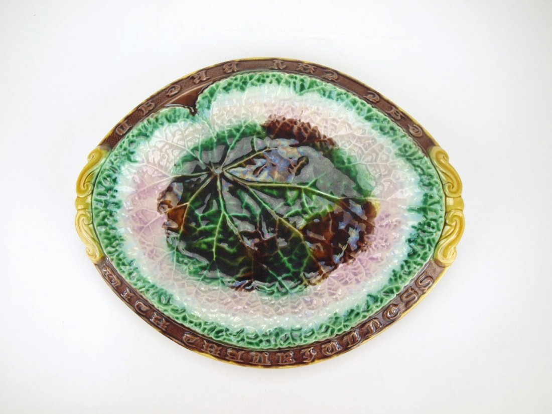 Majolica begonia bread tray, "Eat Thy Bread With (1 of 1)