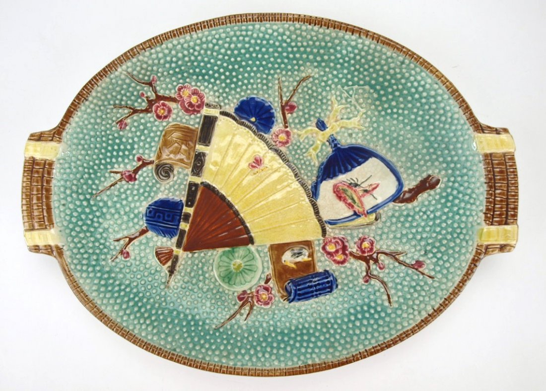 Fielding majolica fan and insect platter, 13": Fielding majolica fan and insect platter, 13"
