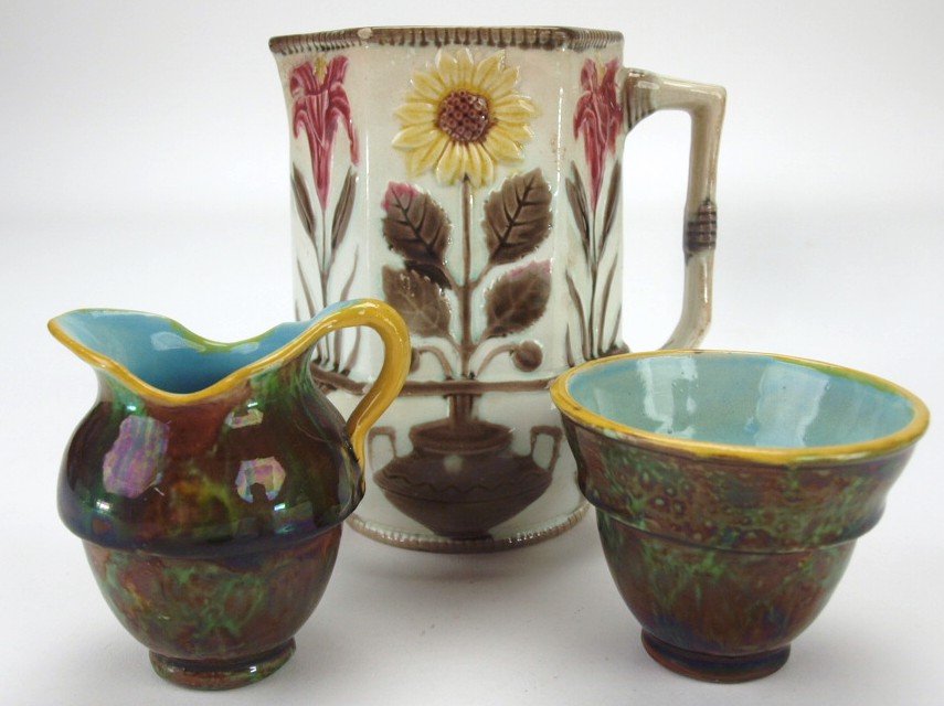 George Jones majolica strawberry cream and sugar and: George Jones majolica strawberry cream and sugar and Wedgwood sunflower pitcher, rim nicks