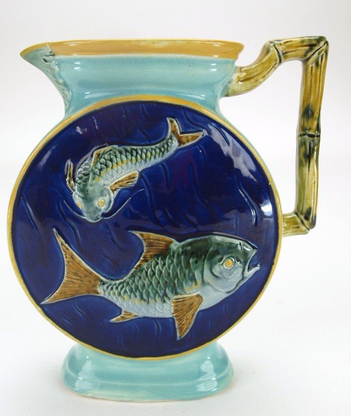 Holdcroft majolica flat sided fish pitcher with bamboo (1 of 1)