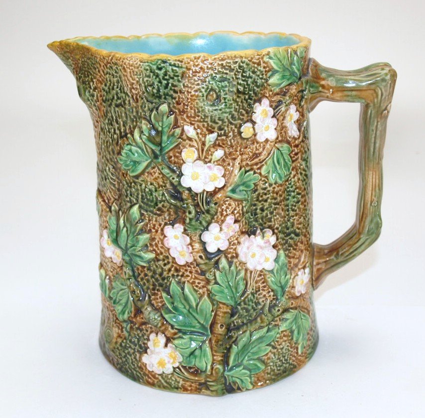George Jones majolica rustick pitcher, hairline: George Jones majolica rustick pitcher, hairline
