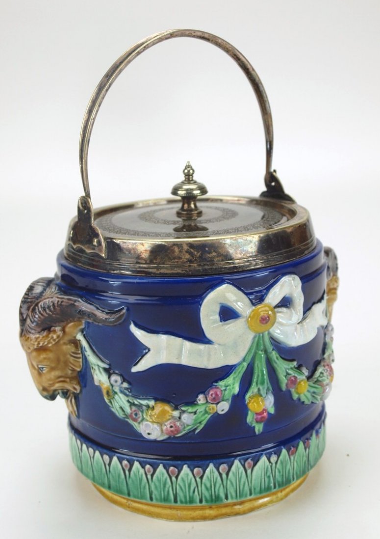 Holdcroft majolica biscuit jar with silver lid and bail (1 of 1)
