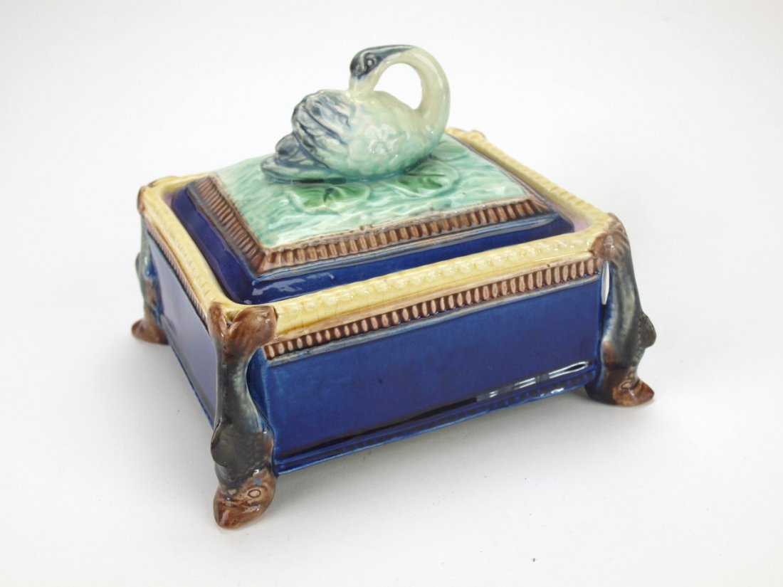 Majolica cobalt sardine box with fish corners and swan: Majolica cobalt sardine box with fish corners and swan on lid, professional repair to fish