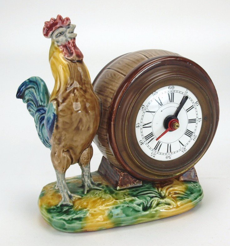 French majolica clock with rooster, 5 1/2", missing: French majolica clock with rooster, 5 1/2", missing clock crystal