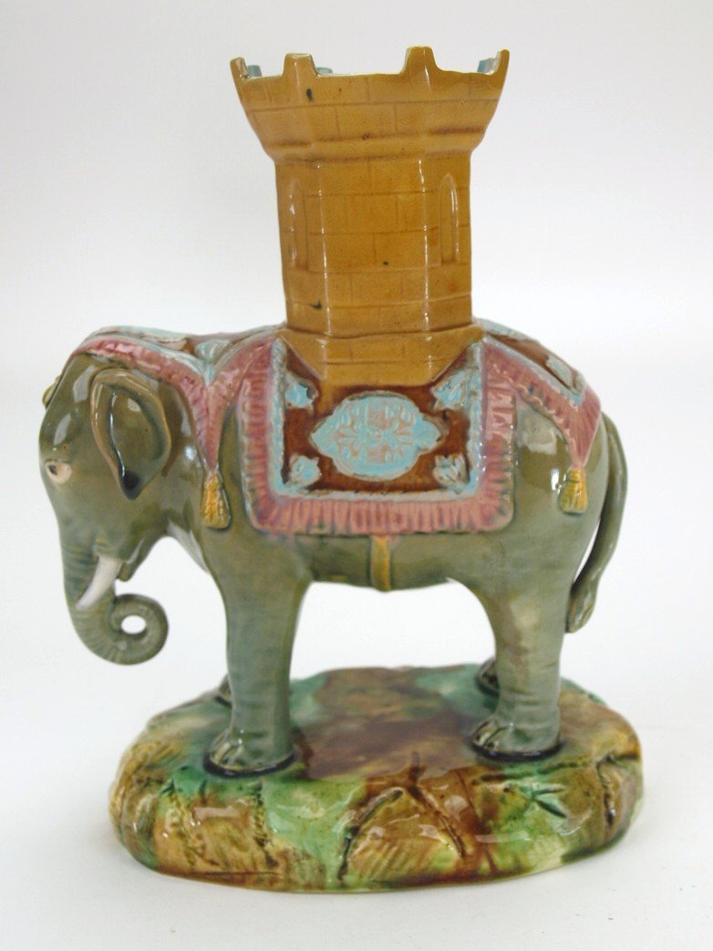 English majolica figural spill vase of elephant, 8", (1 of 1)