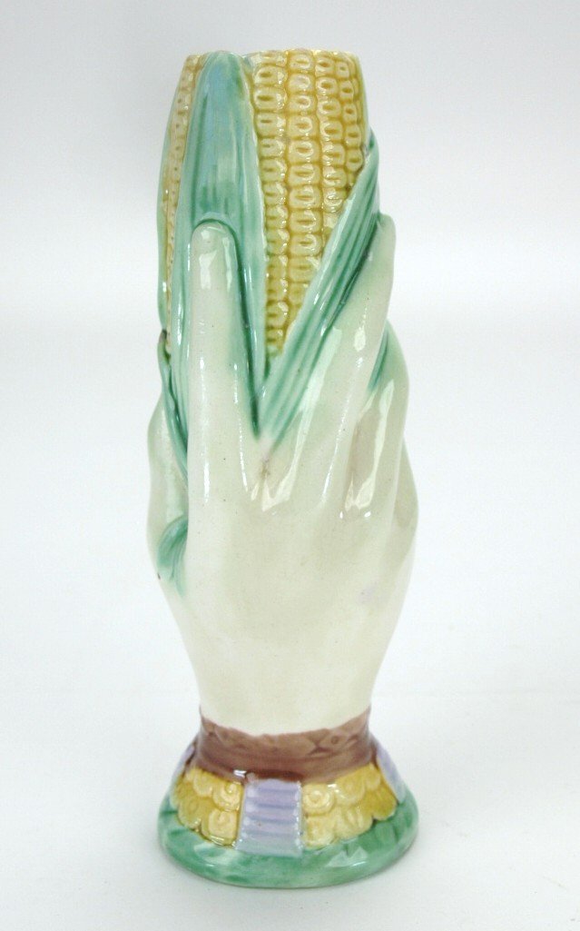 Majolica hand and corn bud vase, 7" (1 of 1)