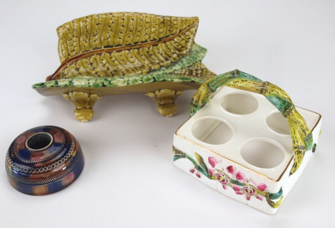 Majolica group of 3 items - inkwell, asparagus cradle (1 of 1)