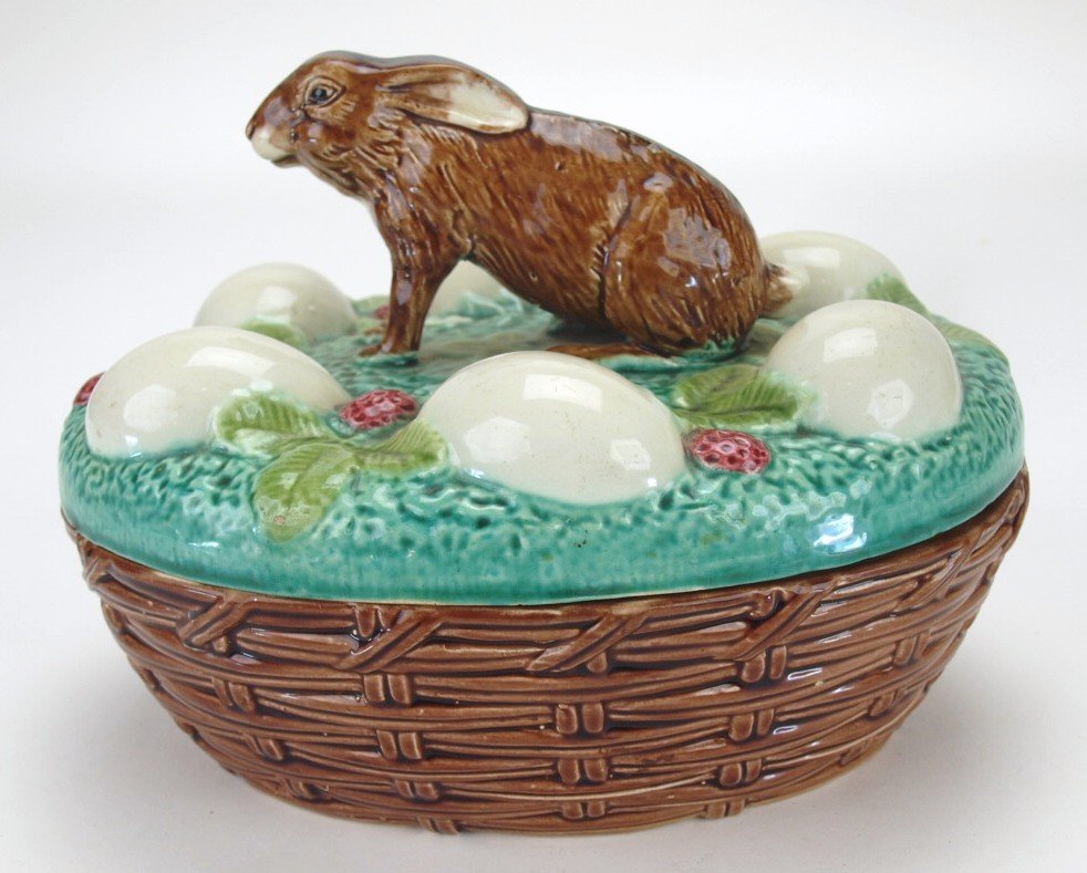 Continental majolica tureen with rabbit, eggs and (1 of 1)