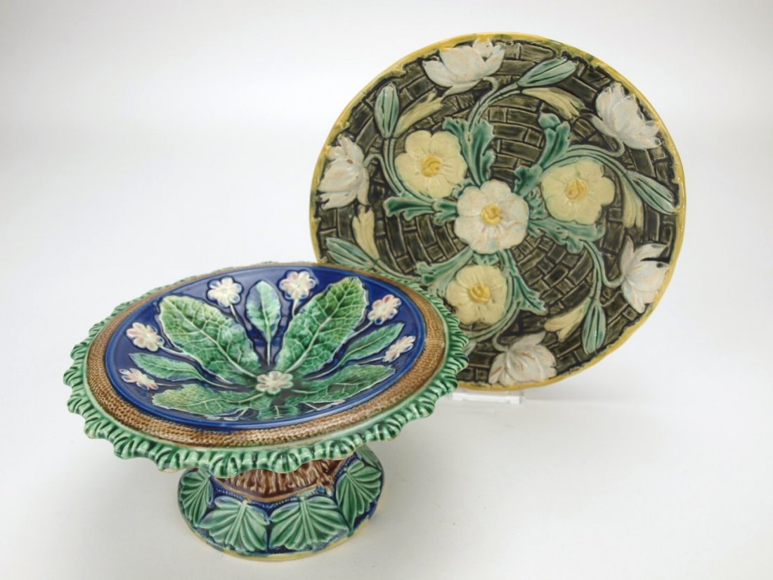 Majolica cobalt floral compote, 4"h, 8 1/2"d AND floral (1 of 1)