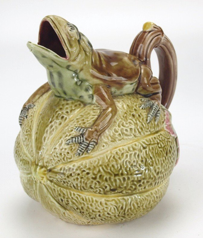 Majolica frog on melon figural jug, 6 1/2" (1 of 1)