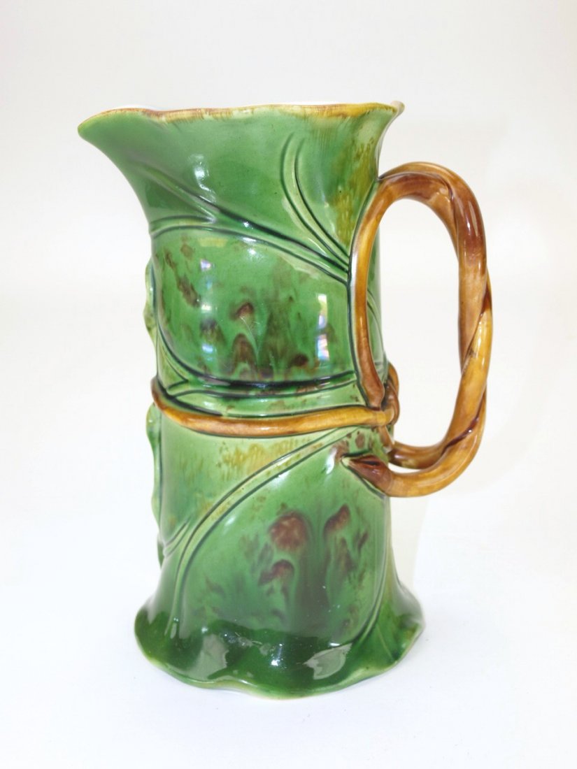Minton majolica banana leaf pitcher with vine handle, (1 of 1)
