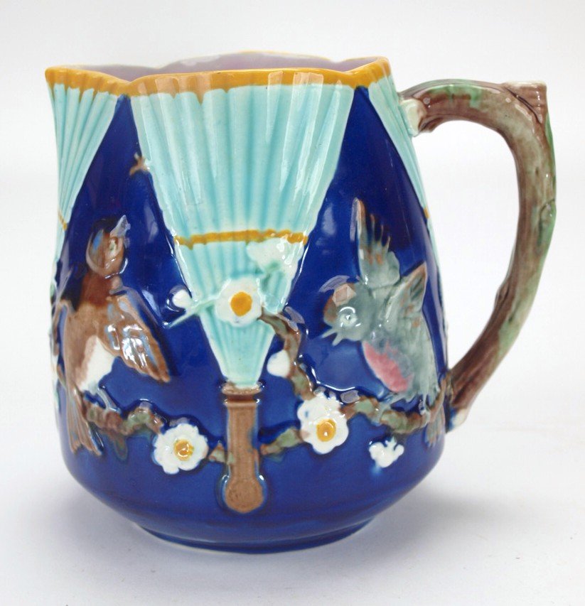 Wedgwood majolica cobalt bird and fan pitcher, 5 1/2", (1 of 1)