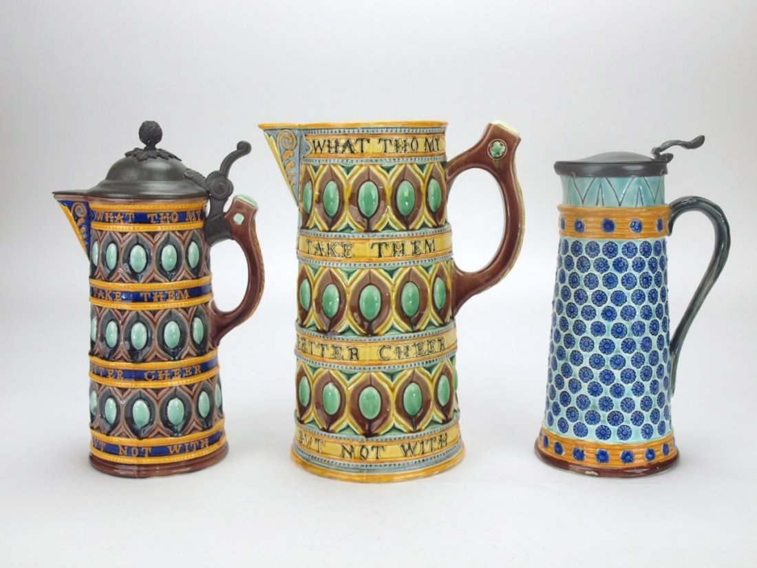 Wedgwood majolica lot of 3 jugs, 2 with pewter tops, 8 (1 of 1)