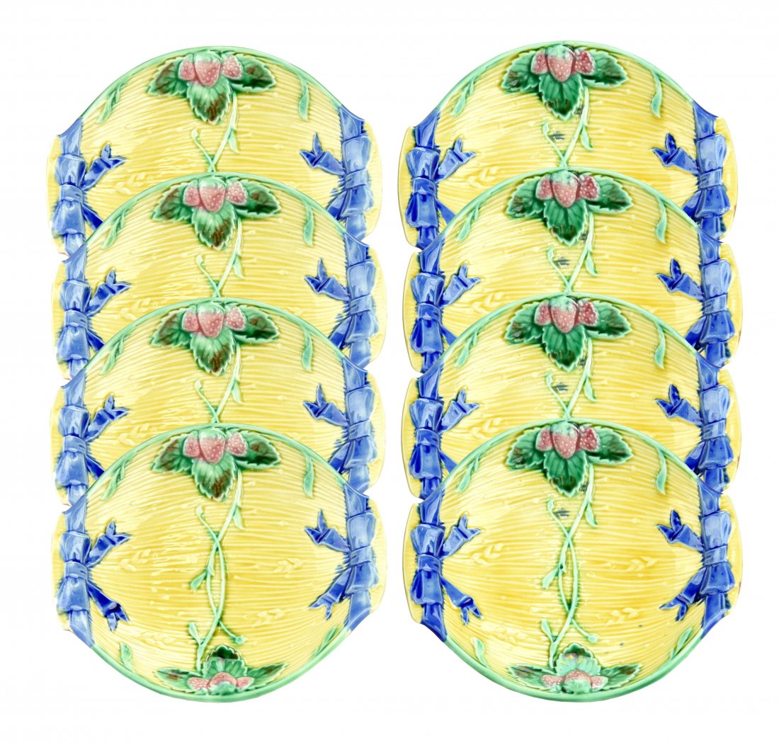 32. Eight Very Pretty Wedgwood Majolica Strawberry 32.: 32. Eight Very Pretty Wedgwood Majolica Strawberry 32. Dishes c.1870. Modeled as an oval dish of yellow wheat tied at each end by a cobalt blue ribbon bow, the green stem borders issuing strawberr