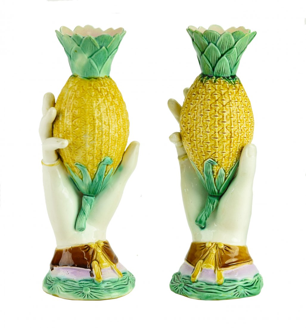 A Pair of English Majolica Hand & Pineapple Posy Vase (1 of 1)