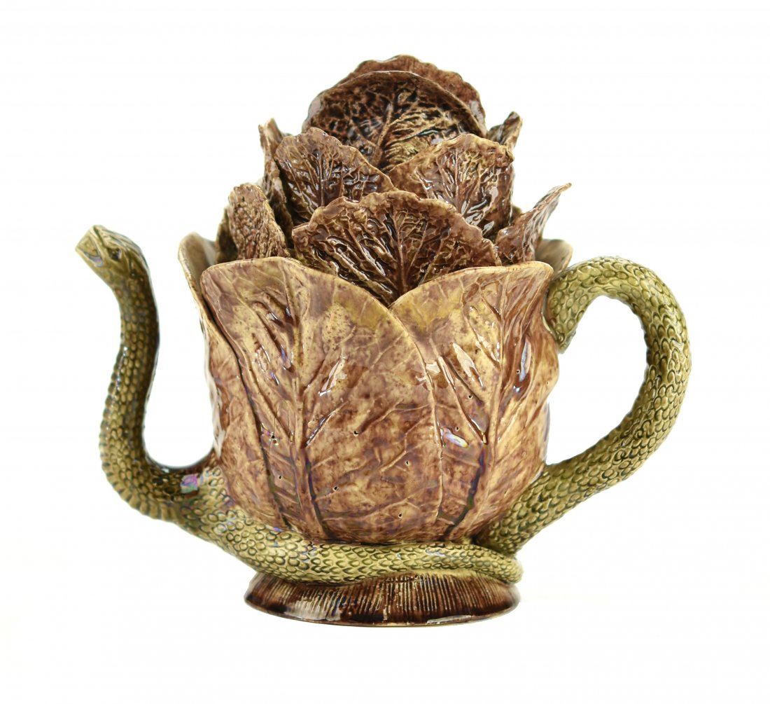 A Very Rare Manuel Mafra Majolica Brown Cabbage and: A Very Rare Manuel Mafra Majolica Brown Cabbage and Snake Teapot c.1880 Only known example. Modeled as a brown cabbage, a gray snake wrapped around the base forming the handle and spout. This design i