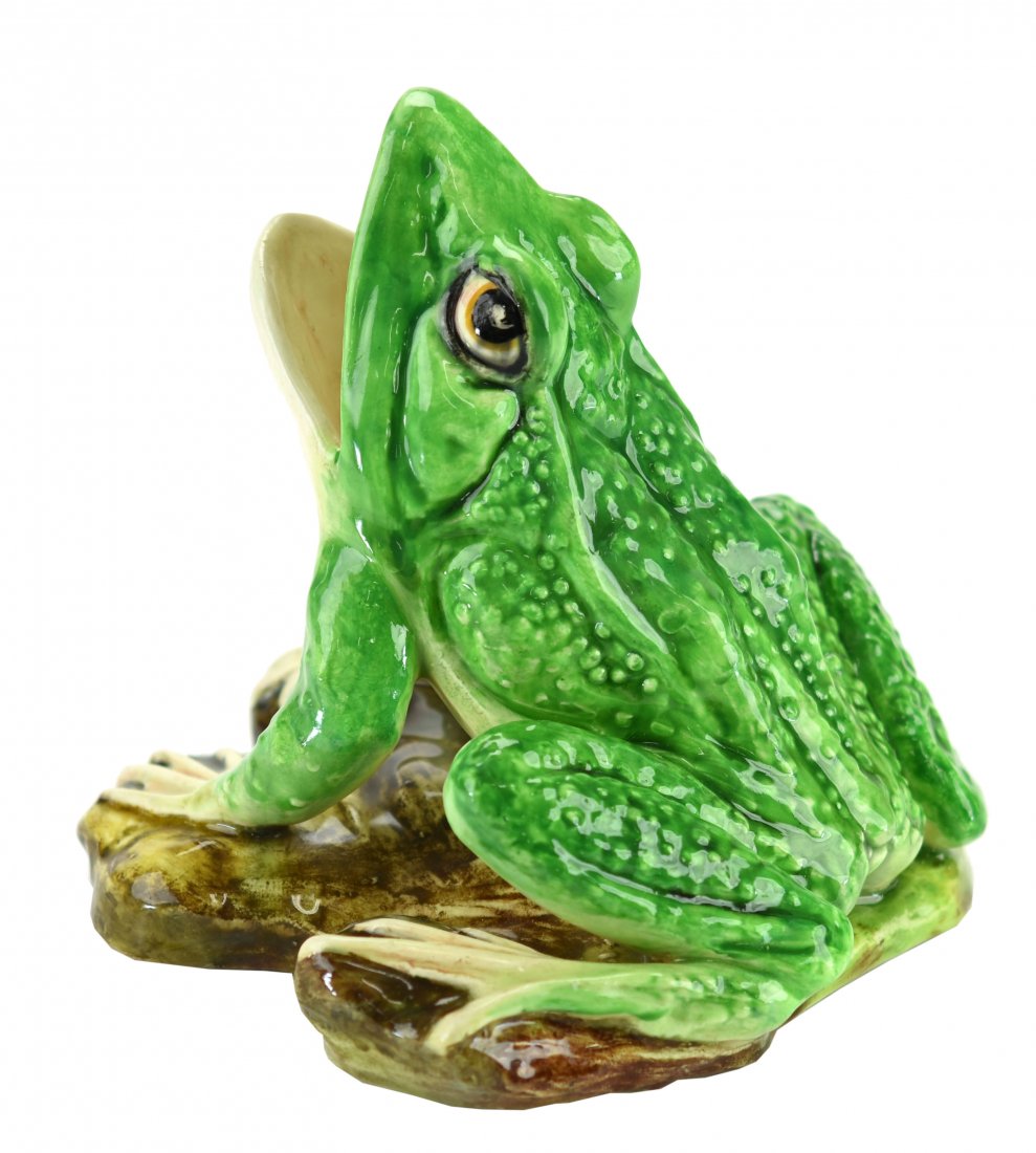 An Amusing Jerome Massier Frog Posy Holder c.1890: An Amusing Jerome Massier Frog Posy Holder c.1890 Modeled as a sitting green frog, his open mouth forming the flower holder. Signed J. Massier to base, 6 1/2” Modeled as a sitting green frog, his o