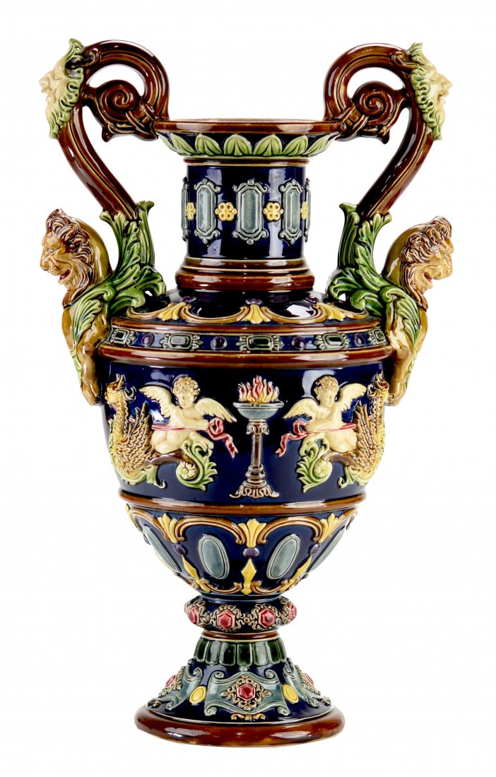 An Excellent Quality Wilhelm Schiller Majolica: An Excellent Quality Wilhelm Schiller Majolica Renaissance Revival Vase c.1880. The cobalt blue ground ovoid body decorated with a wide frieze of winged cherubs behind a griffin and acanthus scroll al