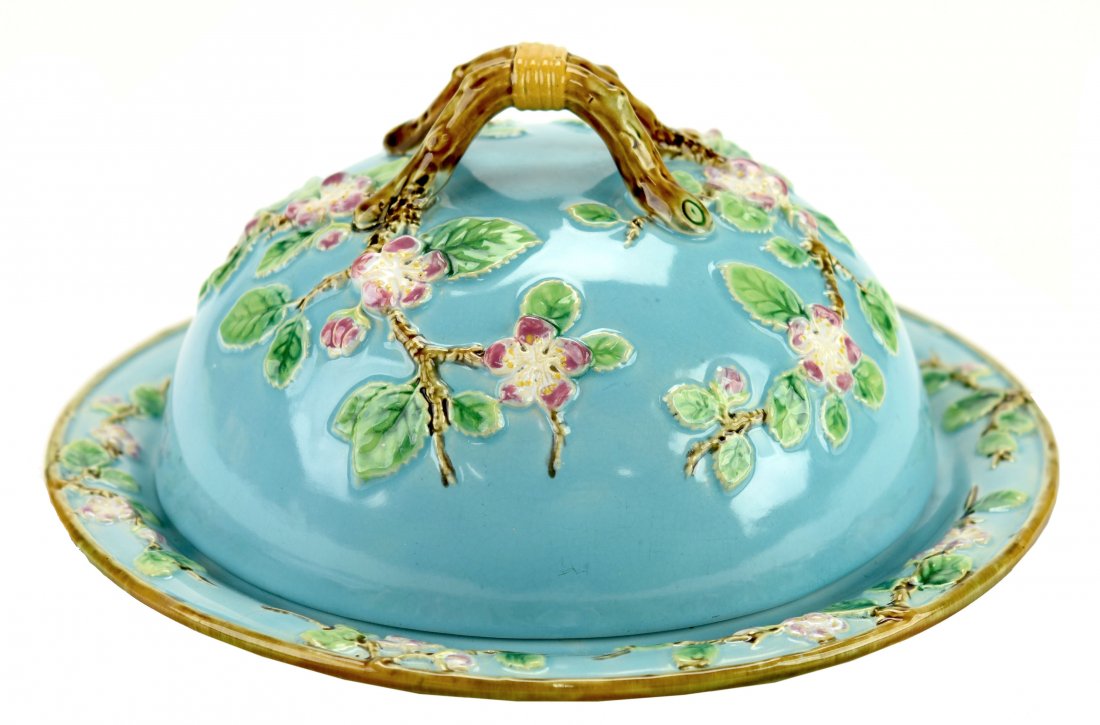 A George Jones ‘Apple Blossom’ Muffin Dish and Cover: A George Jones ‘Apple Blossom’ Muffin Dish and Cover c.1875. Pattern No. 3299. The turquoise domed lid with trailing apple blossom and bound twig handle and the under plate with trailing apple blo