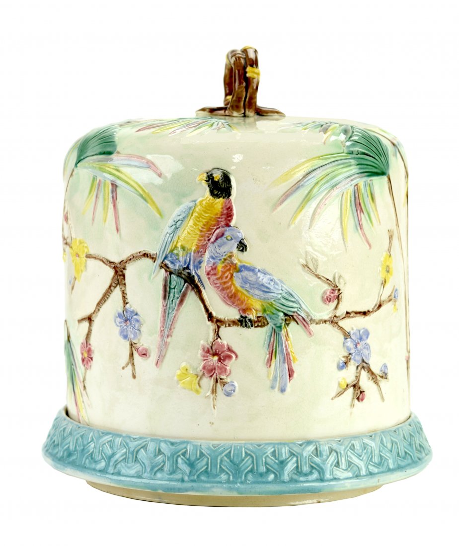 A Rare English Majolica Parrots Cheese Keeper c.1880 (1 of 1)