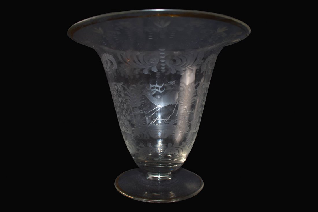 Bohemian Etched Vase Â– Biedermeier Attr. Eggermann: Bohemian Etched Vase attributed to Eggermann.Date: Biedermeier. A crystal footed vase. depicts a deer, swallow and tower, typical Eggermann style. The Gold ring around the circumference of the rim and