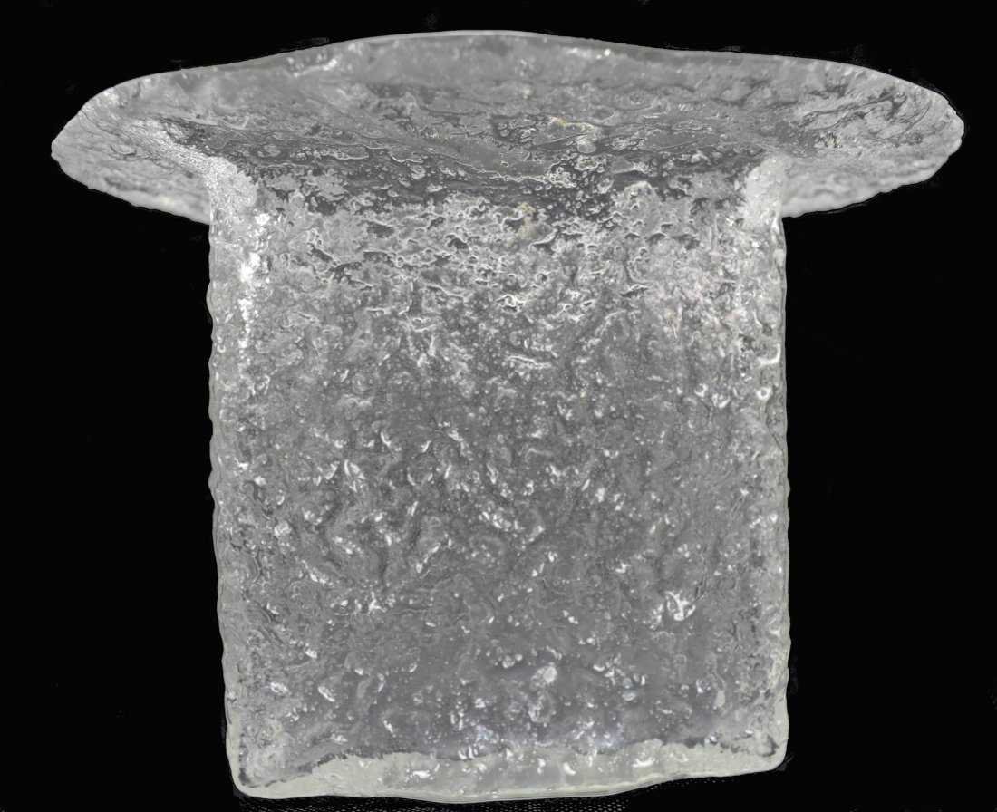 Timo SARPANEVA | Littala | Finnish Glass | Signed: Timo Sarpaneva Finnish Designer Vase for Littala. Press glass structured as a tree bark on the outside but smooth inside. A BORKEN vase.Signed with the designers initials: TS on the base. Dimensions: