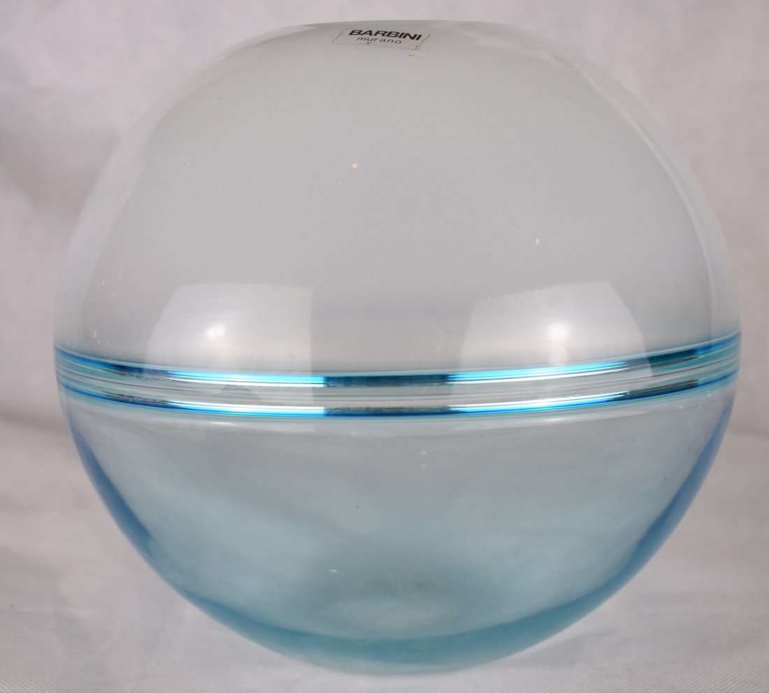 Alfredo Barbini | Incalmo Vase | Sphere | Murano: Barbini Murano Milk Glass to Blue Spherical Incalmo Vase. Designer: Alfredo Barbini Description Spherical Shaped vase from the incalmo range.Milk vase joined to sky blue base. Signed on the base & has