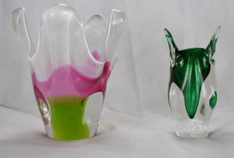 CHRIBSKA | Hospodka | 2x Vases | Czech Glass: Chribska Five Lobe Vase & Cat Head Vase (Small) Designer:Joseph Hospodka Date:Mid-Century Description: Five Lobe Vase Five lobed form and is in a light green through cranberry glass encased in a