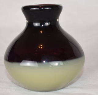 J. Beranek | Lobmeyr | Austrian Studio Glass | Nageire: J. Beranek For Lobmeyr Studio Glass Two tone vase from Jindra Beranek, used for Japanese Nageire arrangement. Purple and honey beige bulbous form, clear cased Signed by artist. Dimensions: Height: