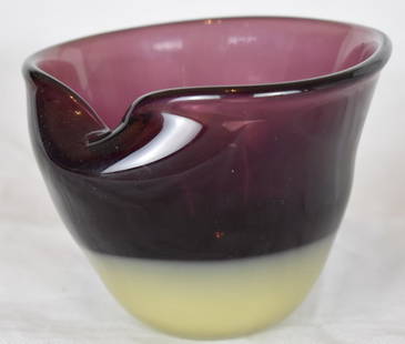 J. Beranek | Lobmeyr | Austrian Studio Glass | Moribana: J. Beranek For Lobmeyr Studio Glass Two tone bowl from Jindra Beranek, used for Japanese Moribana arrangement. Purple and honey beige bowl with indented lip, clear cased Signed by artist. Dimensions: