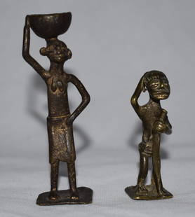 2 Late 19th C Krobo & Ashanti Brass | Gold Weights: Lot of 2 Late 19th C Krobo & Ashanti Brass Figural Gold Weights West Africa, Ghana, Krobo & Ashanti culture, ca. late 19th to early 20th century. A pair of cast-brass figural weights for weighing