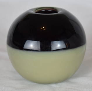 J. Beranek | Lobmeyr | Austrian Studio Glass | Nageire: J. Beranek For Lobmeyr Studio Glass Two tone vase from Jindra Beranek, used for Japanese Nageire arrangement. Purple and honey beige spherical form Signed by artist. Dimensions: Height: 9,5cm Width