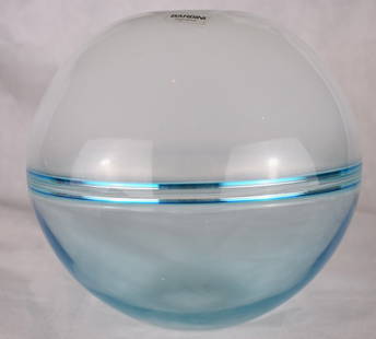 Alfredo Barbini | Incalmo Vase | Sphere | Murano: Barbini Murano Milk Glass to Blue Spherical Incalmo Vase. Designer: Alfredo Barbini Description, Spherical Shaped vase from the incalmo range.Milk vase joined to sky blue base. Signed on the base &