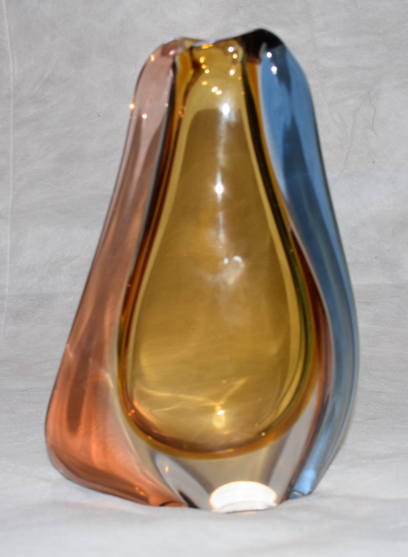 Mstisov | Machovska | Romana Vase: Mstisov Vase Designed By Machovska Vase from 1961 design number: 53656. Three color straps; red, amber, blue. Dimensions: Height: 23.5cm Lit: SKLO Czech Glass Design from 1950s-70s Mark Hill pg. 71 sh