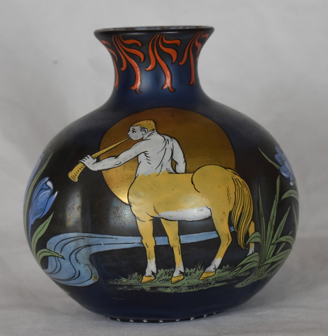 Fritz Heckert | Otto Thamm | Max Rade | Cyprus Vase: Fritz Heckert Cyprus Vase Design:Otto Thamm Decoration:Max Rade Execution:Fritz Heckert Date 1890 - 1900 Description Dark blue glass, colorful enamel flowers and gold celestial object wi