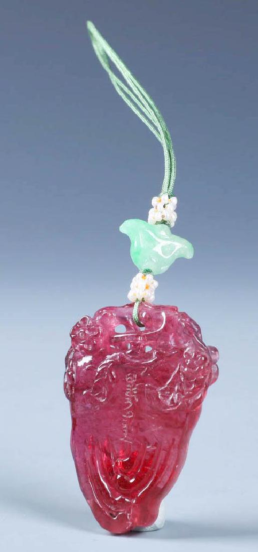 A CHINESE  PINK TOURMALINE CARVED ZHAIJIE PENDENT (1 of 5)