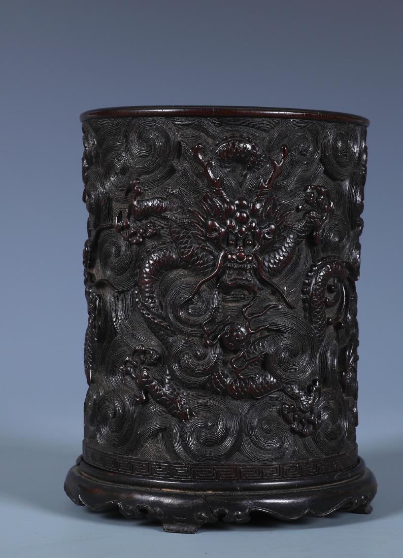 A CHINESE CARVED ZITAN DRAGON BRUSH POT (1 of 7)