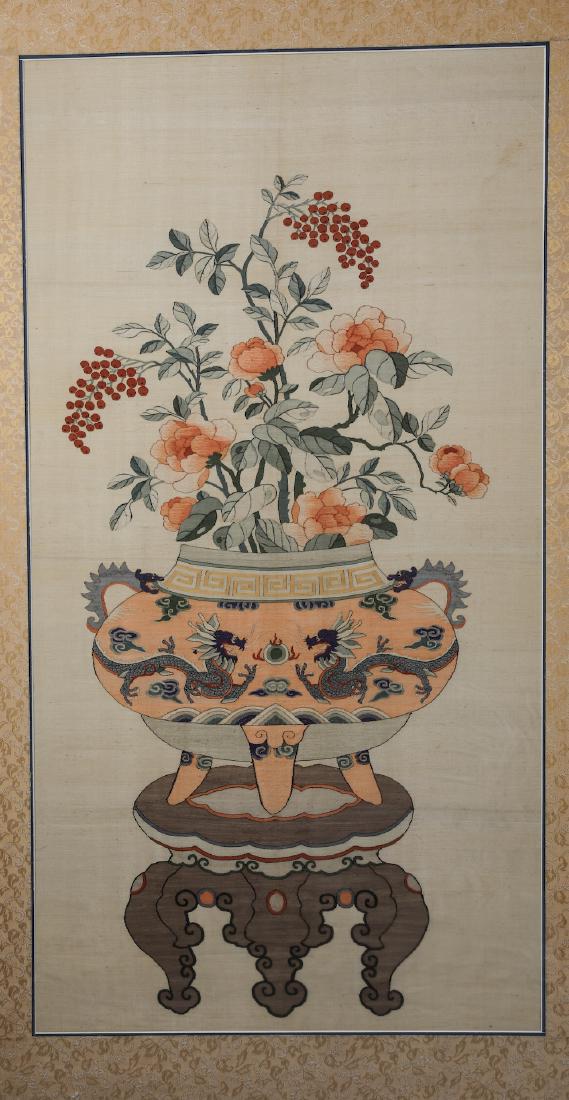 CHINESE SILK KESI EMBROIDERY DEPICTING A VASE OF FLOWER (1 of 2)