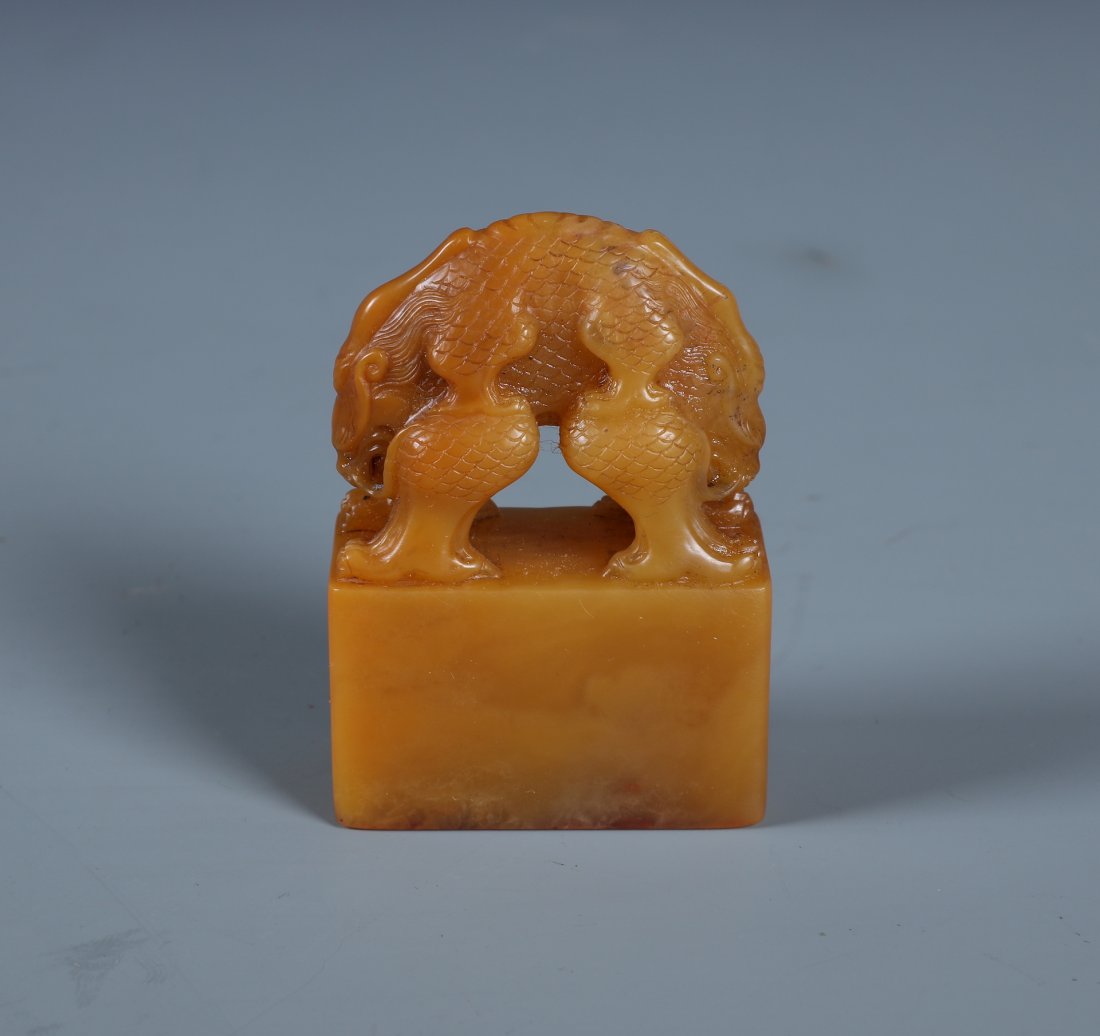 A Rare Soapstone Mythical Beast Seal: L: 4CM W: 2CM H: 5.5CM A Rare Soapstone Mythical Beast Seal