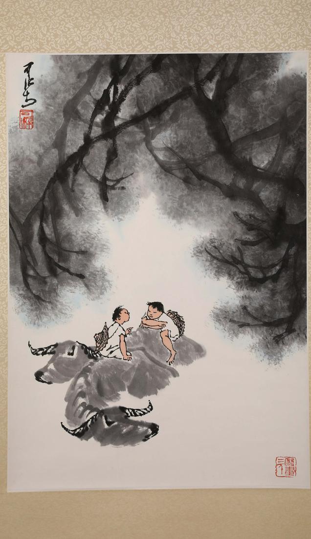 A Fine Chinese Hand-drawn Painting of Boys Riding A Cow (1 of 6)