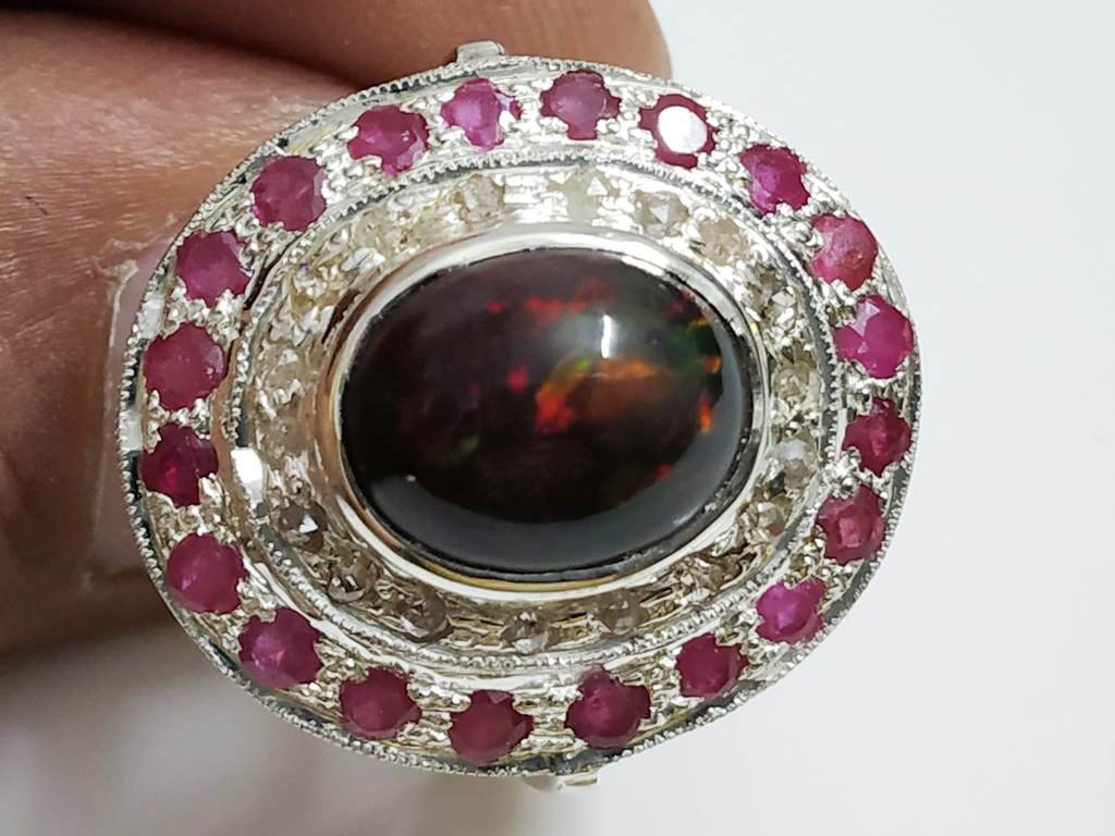 Incredible Black Fire Opal Diamond & Ruby Silver Ring (1 of 5)