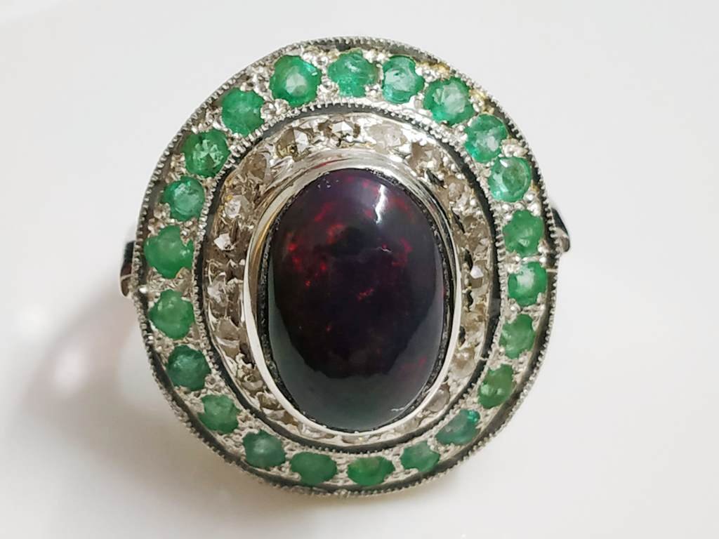 Amazing Black Opal , Diamond & Emerald Silver Ring (1 of 4)