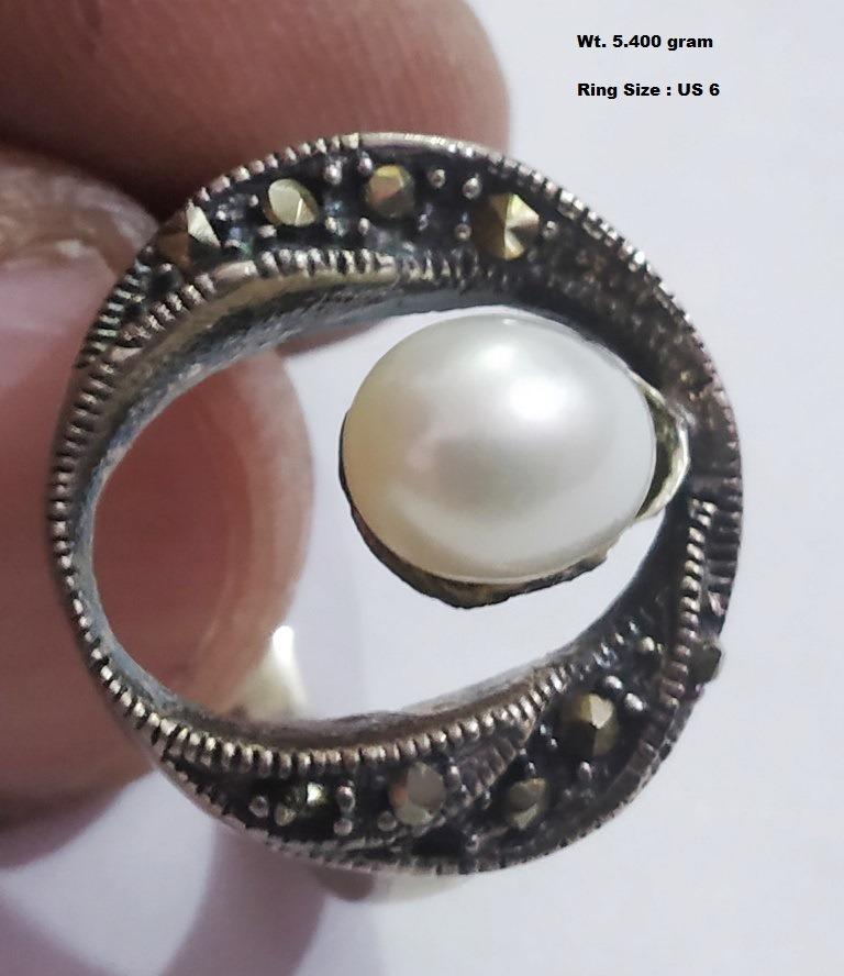 925 Sterling Silver Ring with Natural Pearl & Marcasite (1 of 1)
