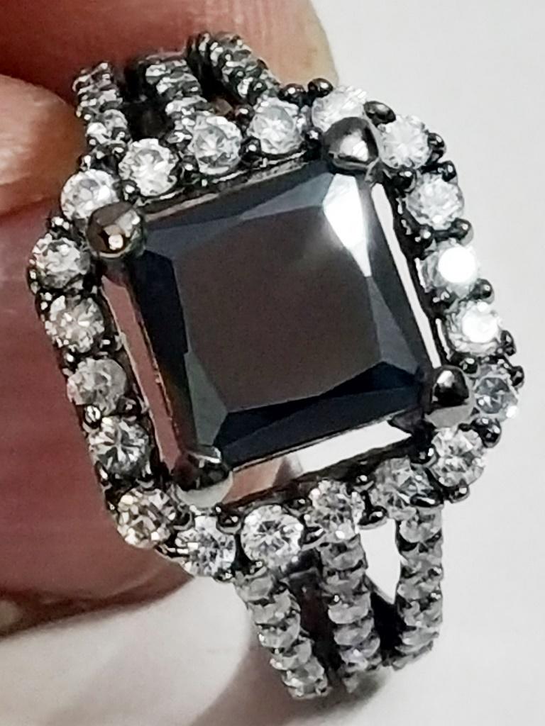 925 Sterling Silver Ring with Black Diamond Moissanite: Ring Size = US 10