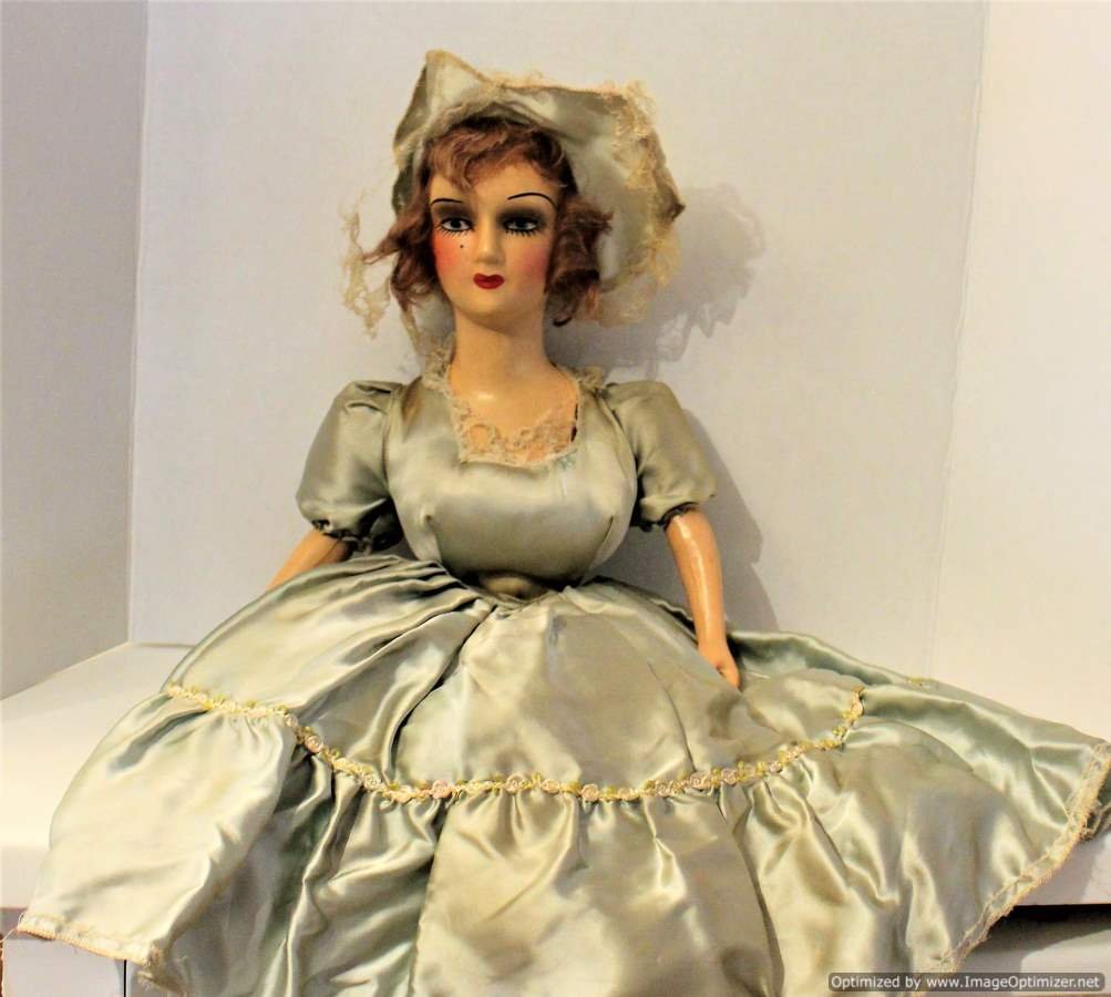 Circa 1940's Composition Bed Doll in Green Silk Dress (1 of 9)