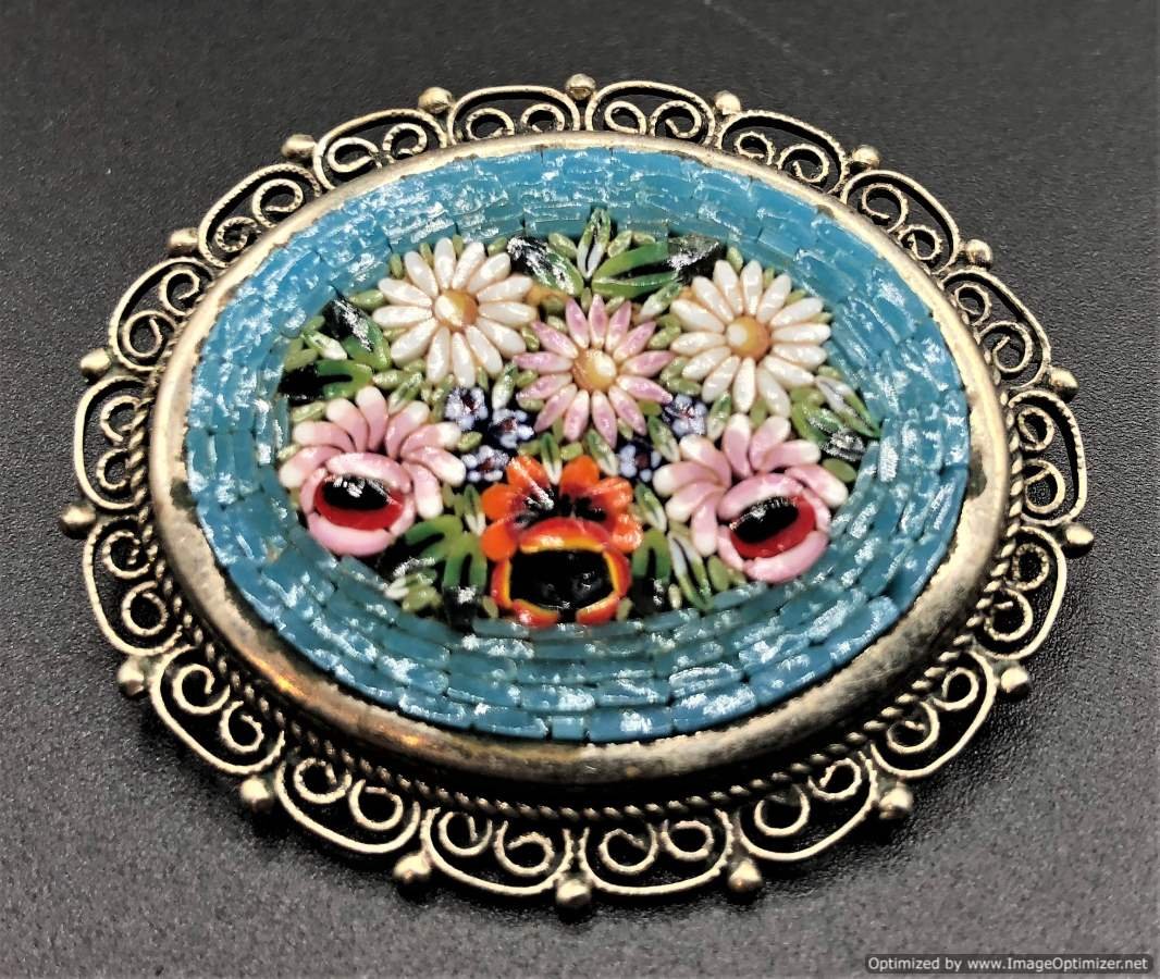 Micro Mosaic Brooch Silver Back Filigree Rim (1 of 3)
