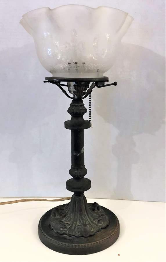 Victorian Bronze Newel Post Lamp w/ Glass Etched Shade (1 of 9)