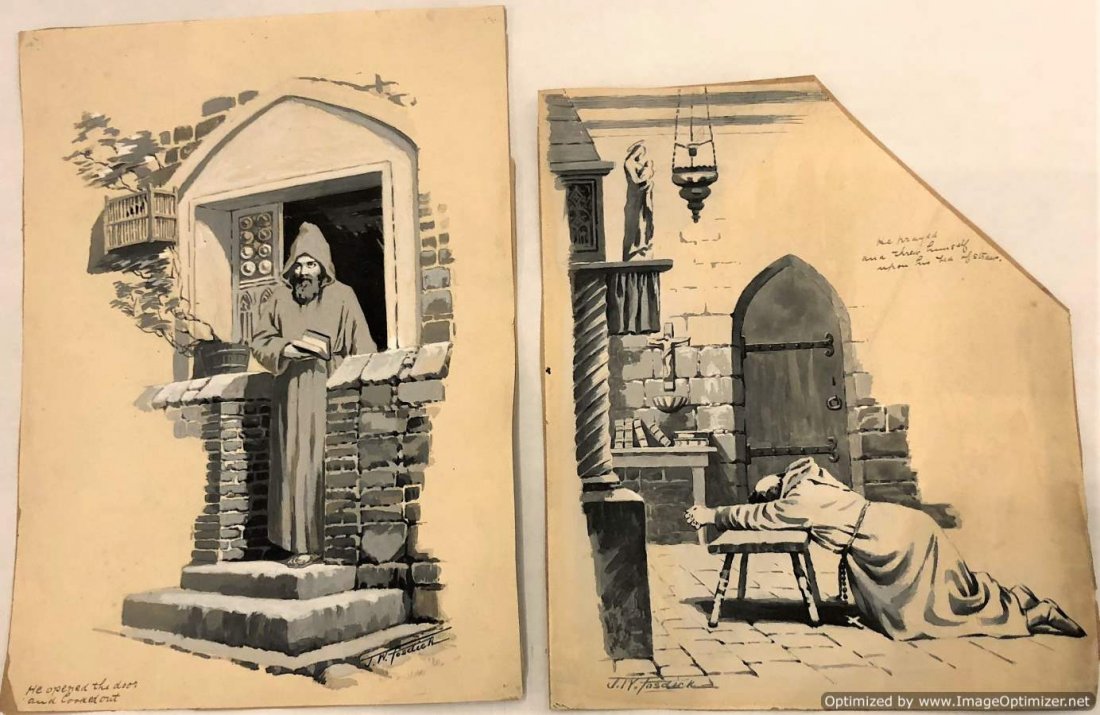 Two James William Fosdick, Original Monk Ilustrations: Two [2] James William Fosdick [American 1858-1937], gouache on paper paintings, Original Monk Ilustrations. Both are signed. Well Listed American artist. Sizes: 13.75 in. x 10 in.; and 12 in. x 10 in.